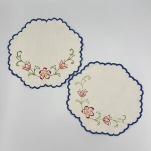 VTG Hand Embroidered Floral Linens Dresser Scarves Set 2‎ pc Cottagecore Shabby